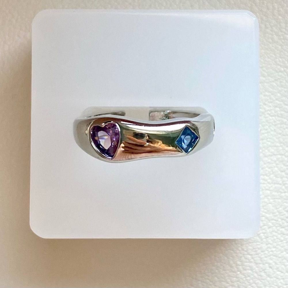 Silver Heart & Square Gemstone Ring in Purple and Blue